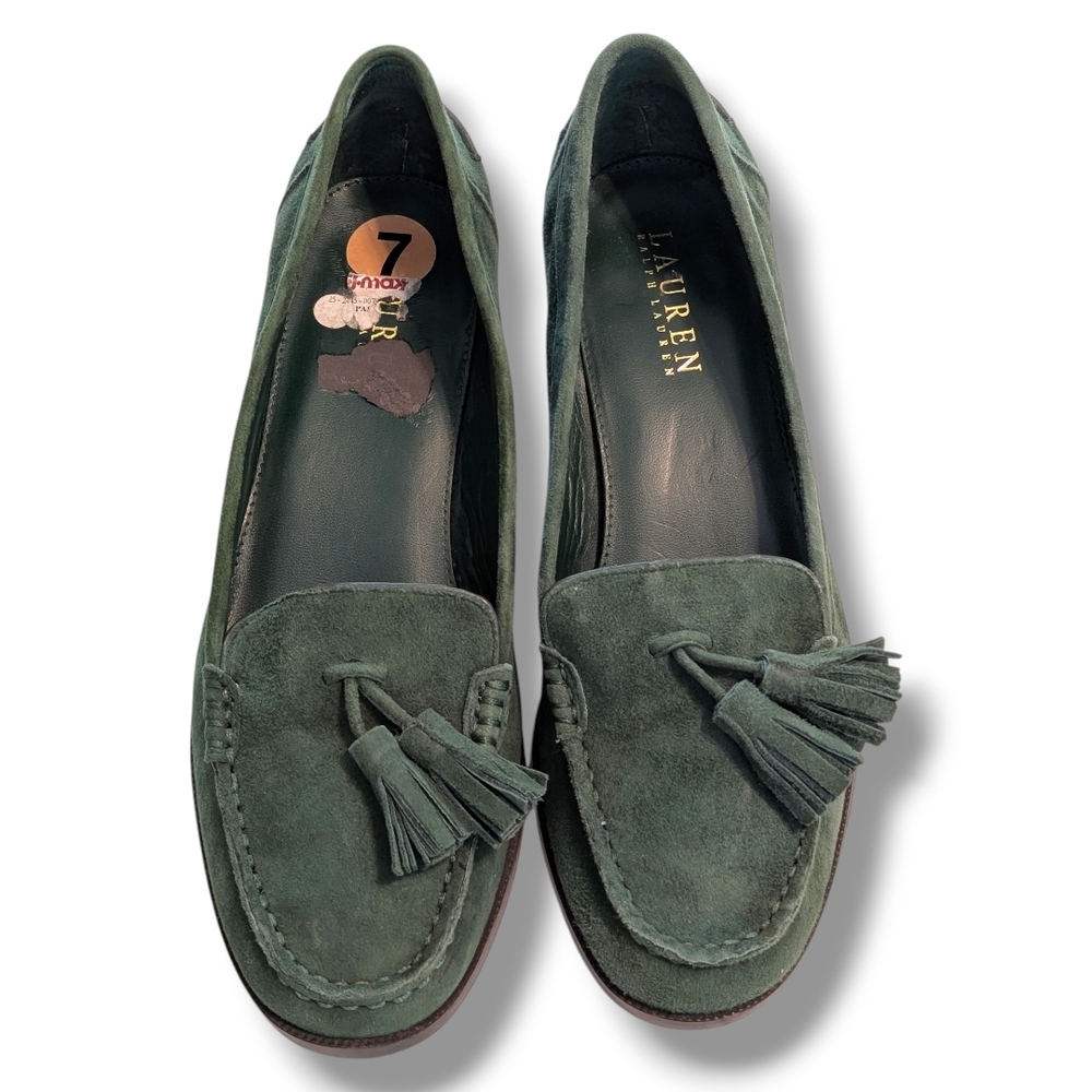 Lauren Ralph Lauren Women's Vintage Green Suede Tassel Loafers, Size 7 - Picture 2 of 10